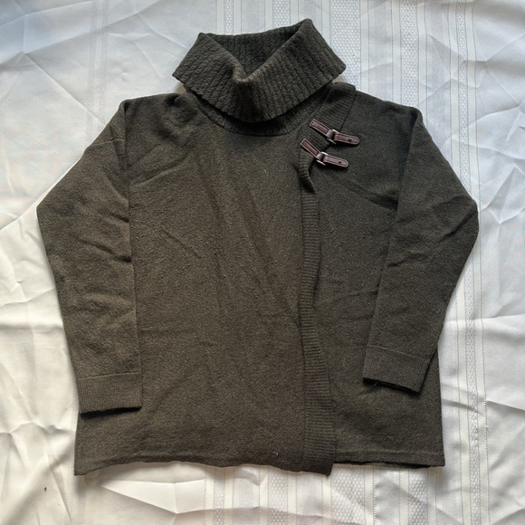 Ellen Tracy Extra Fine Merino Wool Sweater Womens L Olive Green Cowl Neck Buckle - Picture 2 of 8
